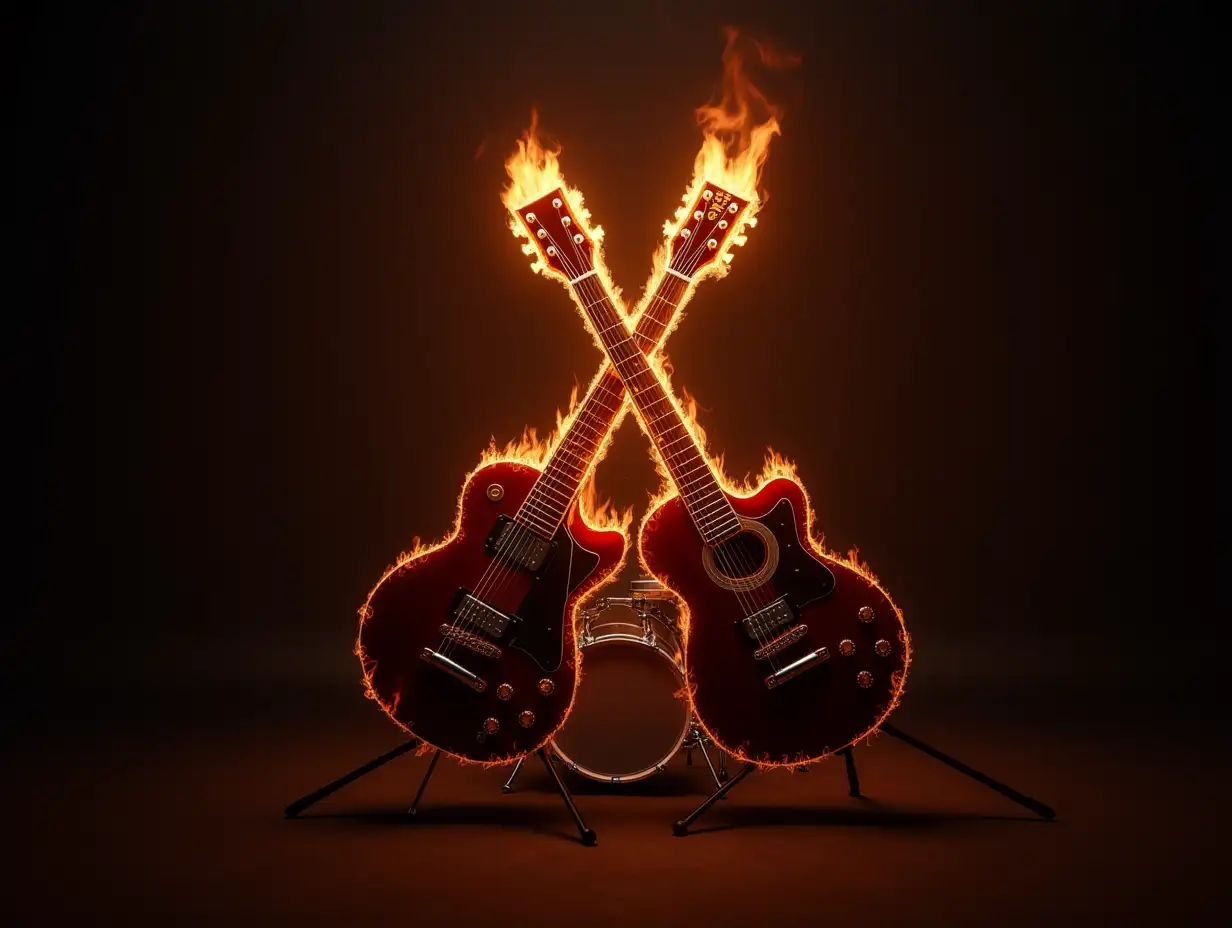 on a dark background two crossed guitars in fire on a drum set without a person