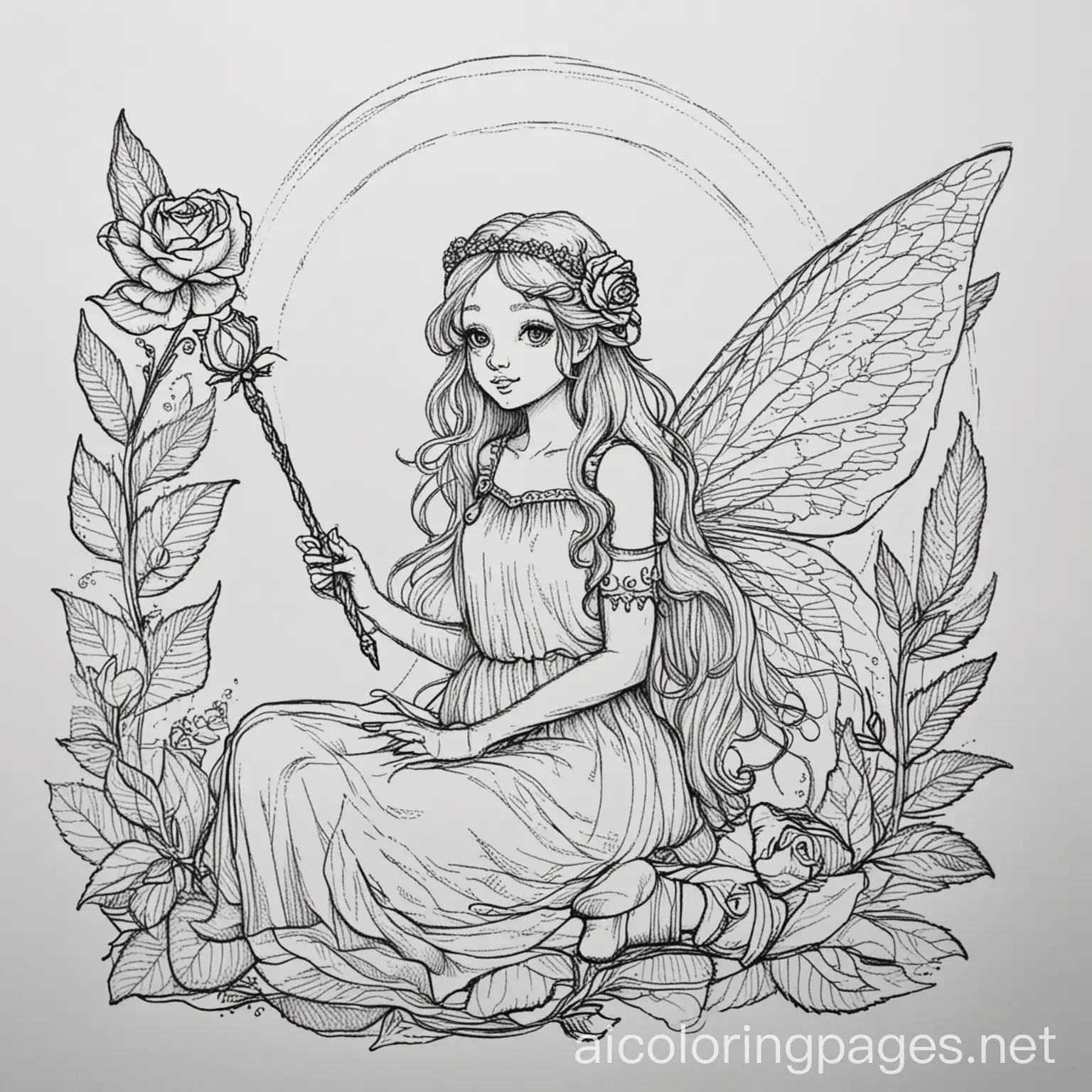 A long-haired fairy with wings and a magic wand sitting on a rose. Colouring page, black and white, line art, white background, Simplicity, Large white space. The background of the colouring page is white and simple so that young children can colour within the lines. The outlines of all the themes are easy to distinguish, with no shading or value in the image, making it simple for children to colour in without too much difficulty. The background of the colouring page is white and simple so that young children can colour within the lines. The outlines of all the themes are easy to distinguish, making it simple for children to colour in without too much difficulty, Coloring Page, black and white, line art, white background, Simplicity, Ample White Space. The background of the coloring page is plain white to make it easy for young children to color within the lines. The outlines of all the subjects are easy to distinguish, making it simple for kids to color without too much difficulty