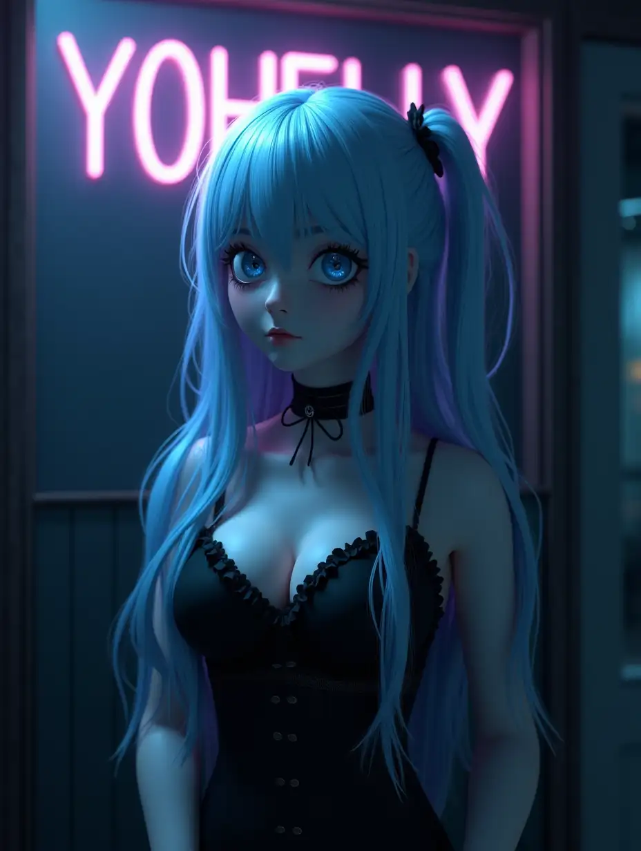 Highly ultra detailed textures, 8k unreal engine photorealism, Beautiful realistic goth japan girl, beautiful fashion, beautiful realistic light blue long hair, beautiful realistic black makeup, beautiful realistic face, beautiful realistic light blue eyes, beautiful realistic art, in a japan swimsuit, arched back, beautiful female breasts, frilled dress, head tilt, close up. Above the girl's head is a neon sign that reads “YOHELLY”. dark atmosphere, gloomy atmosphere, darkening, gloomy atmosphere, darkening, gloom, darkening around the girl.