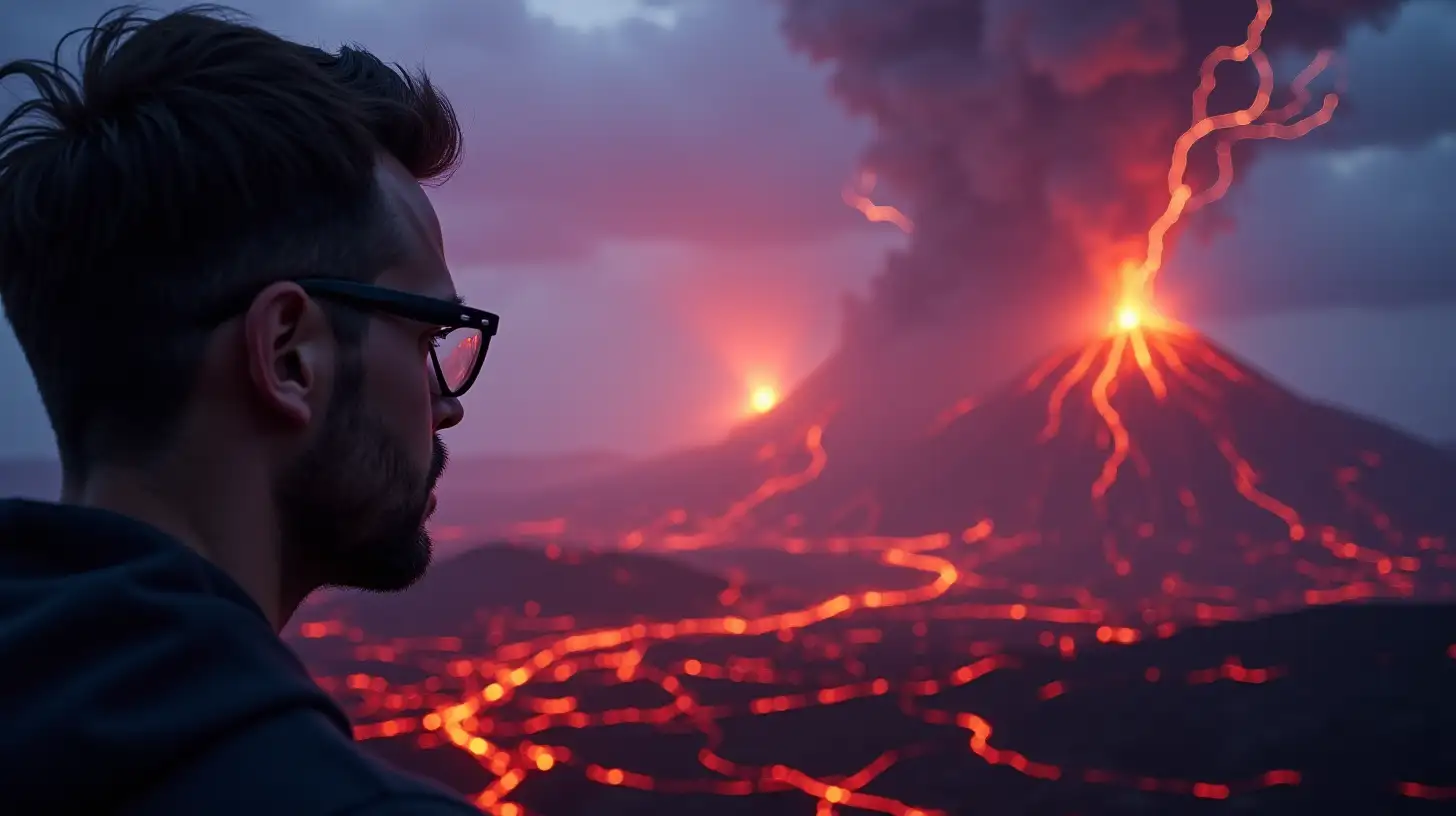 Modern Man Witnessing Volcano Eruption Amidst Dramatic Skies