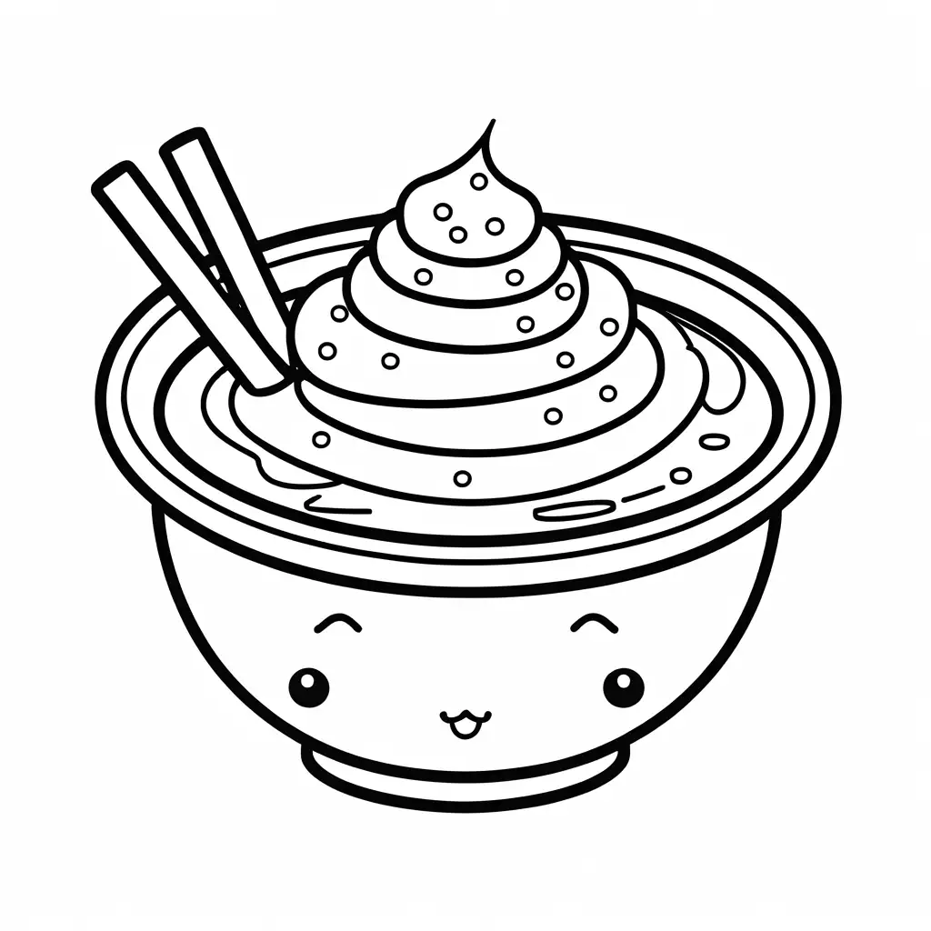 Kawaii style ketchup in a small bowl, Coloring Page, black and white, line art, white background, Simplicity, Ample White Space. The background of the coloring page is plain white to make it easy for young children to color within the lines. The outlines of all the subjects are easy to distinguish, making it simple for kids to color without too much difficulty