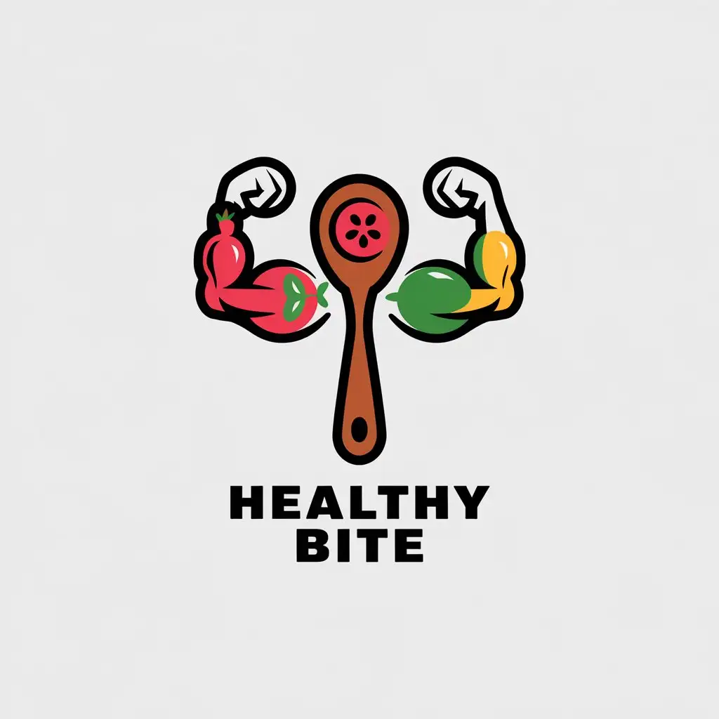 a vector logo design,with the text "healthy bite", main symbol:a wooden spoon with fruits and vegetables in the muscles or limbs,complex,be used in Sports Fitness industry,clear background