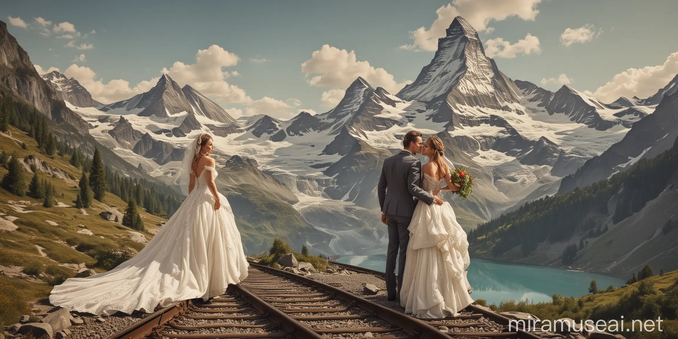 Wedding Couple Climbing Matterhorn Mountain with Trains and Lake