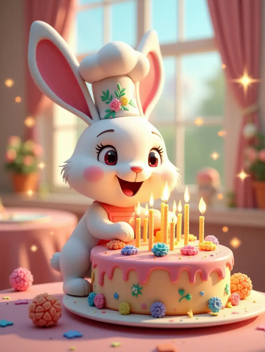 Disney cartoon style, 3D rendering. A delightful and whimsical greeting card illustration featuring an adorable white rabbit in a cute chef's hat and apron, proudly offering a luxurious cake with lit candles. The rabbit's eyes sparkle with joy, and in the background, a cheerful background of all the colors of the rainbow complements the design, creating a mesmerizing and captivating visual experience. Bright shining and sparkling hearts, sparkles and stars are added to the background, gold and sparkling colors prevail, bringing the anticipation of the holiday. Large, voluminous, eye-catching 3D text 'Happy Birthday!' takes center stage in the composition, written in bright multi-colored flowers, a cheerful font with a contrasting outline. It attracts the eye, adding a touch of cheerfulness and celebration to the overall design. Very fun and creative style, poster render, bright colors, hd. This cinematic 3D render is perfect