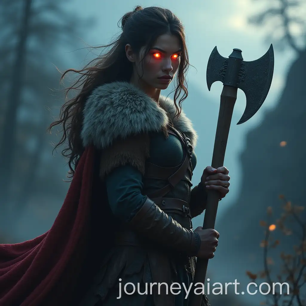 Woman-Viking-Warrior-with-Axe-in-Dramatic-Lighting-on-Mountain-with-Wolf-and-Glowing-Eyes