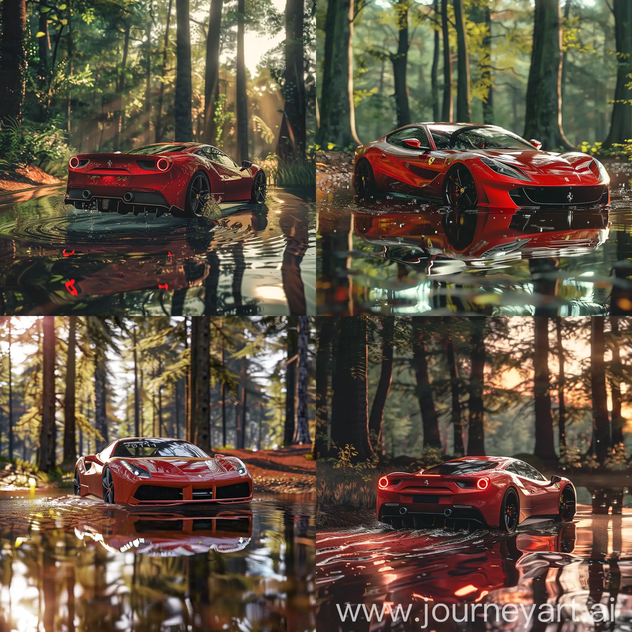 Red-Ferrari-Racing-Through-Sunlit-Forest-with-RTX-Reflections