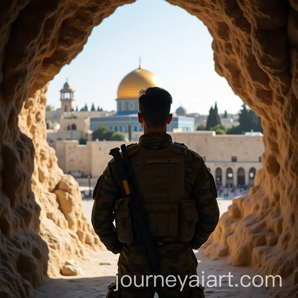 Soldier-in-Camouflage-Shirt-with-Dome-of-the-Rock-in-Palestine-Background