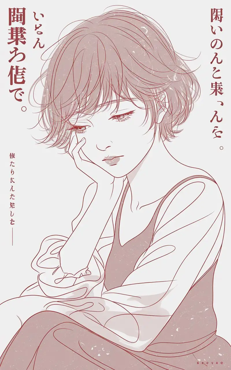 Minimalist-Manga-Portrait-of-Contemplative-Young-Woman-with-Short-Hair