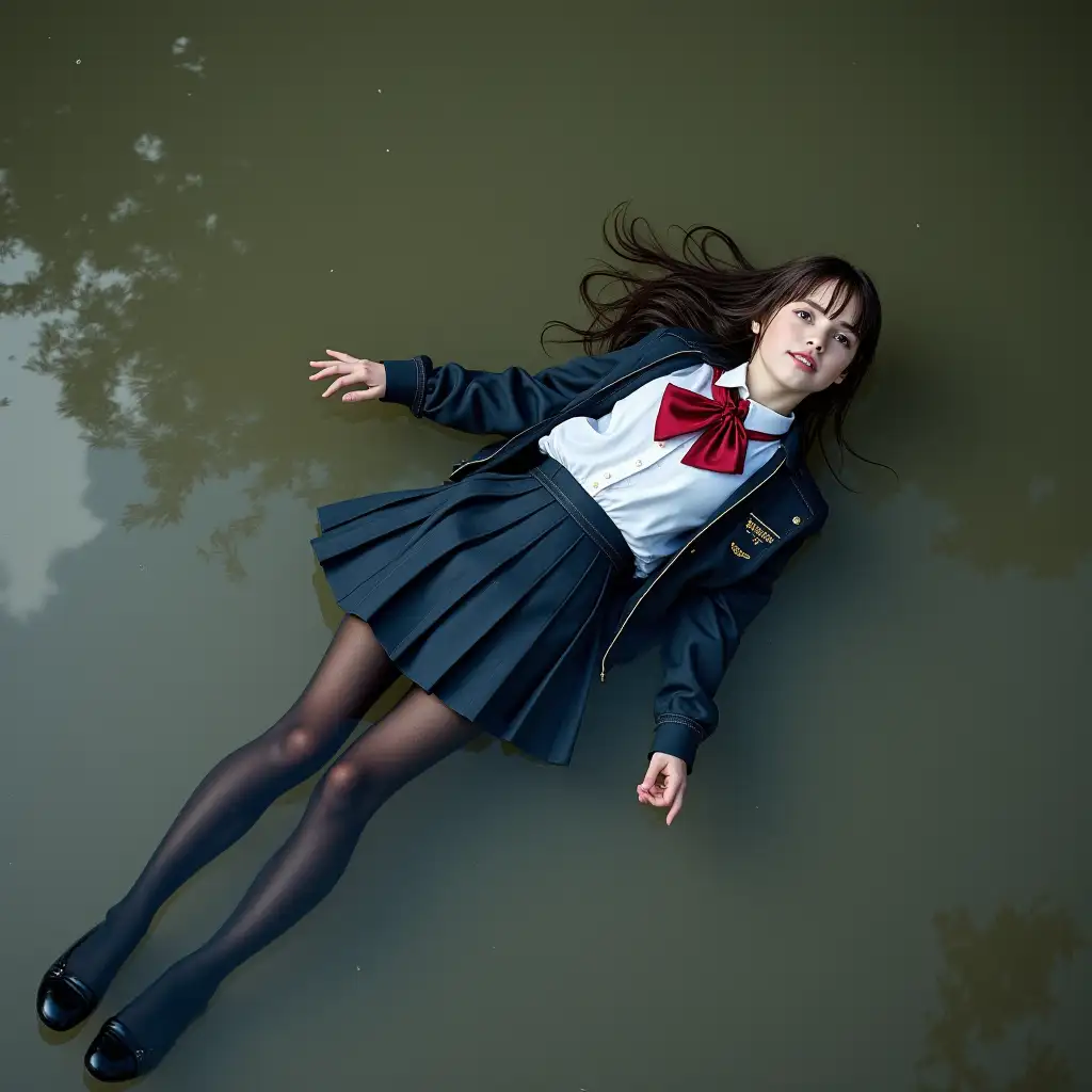 A young schoolgirl in a school uniform, in a skirt, jacket, blouse, dark tights, high-heeled shoes. She is swimming in a dirty pond, lying under water, all her clothes are completely wet, wet clothes stick to her body, the whole body is under water, submerged in water, under the surface of the water, below the water's edge.