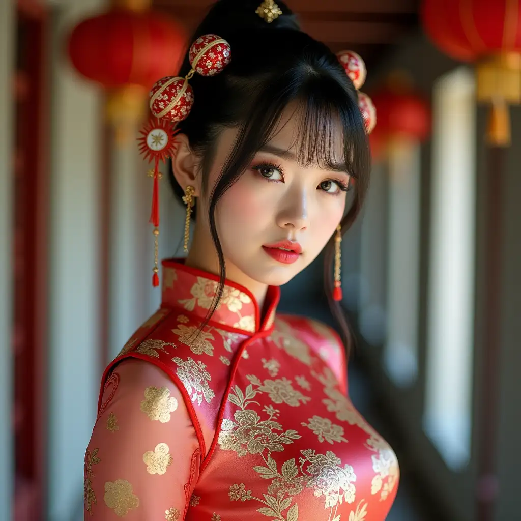 Young-Woman-in-Cheongsam-with-Headpiece-and-Seductive-Gaze