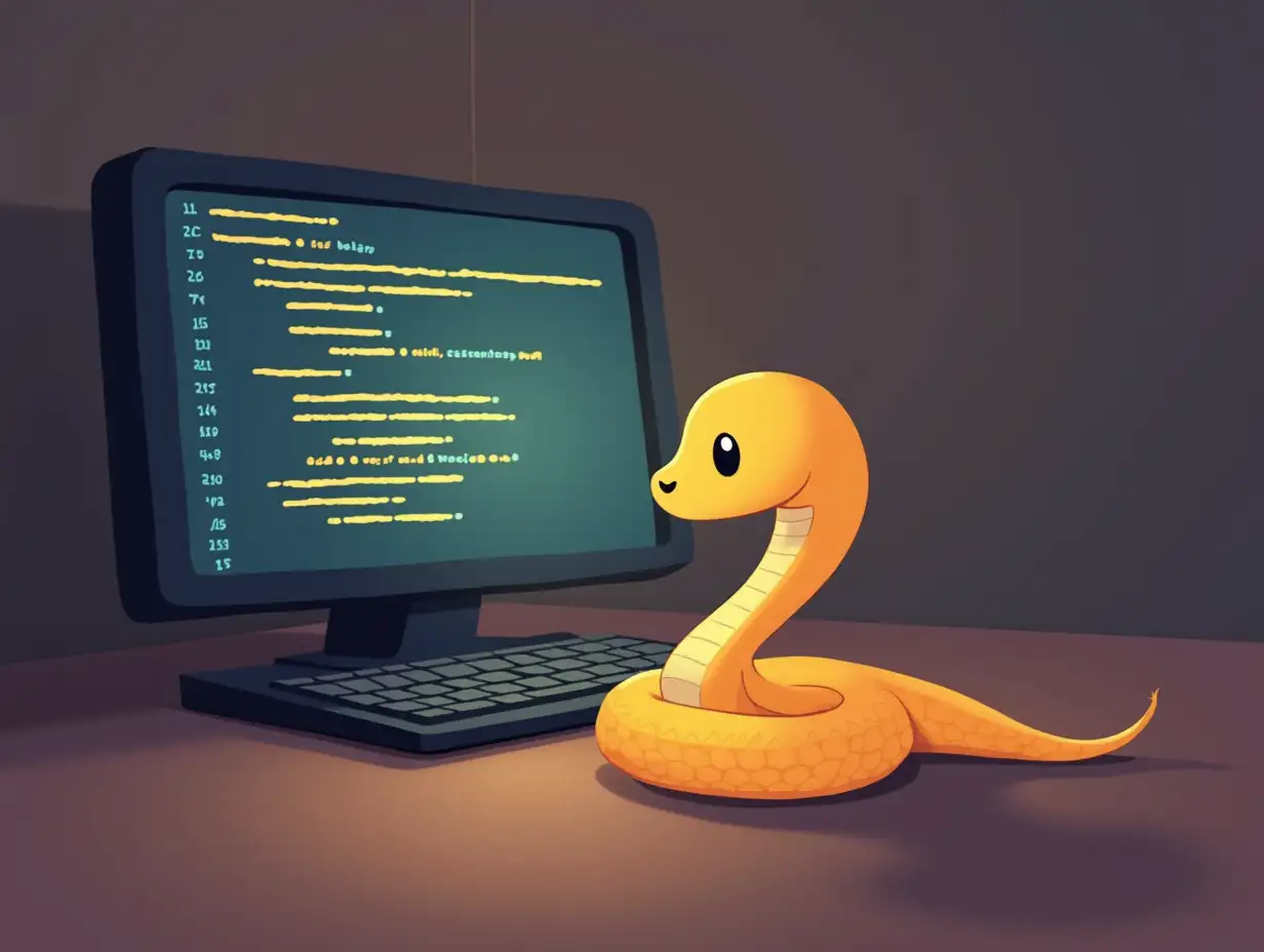 A cartoon-style, cute, non-aggressive, flat-designed snake sitting in front of a glowing computer screen. The computer screen displays Python code, with the overall scene being cozy and simple. The background is minimalistic, emphasizing the snake and the computer.