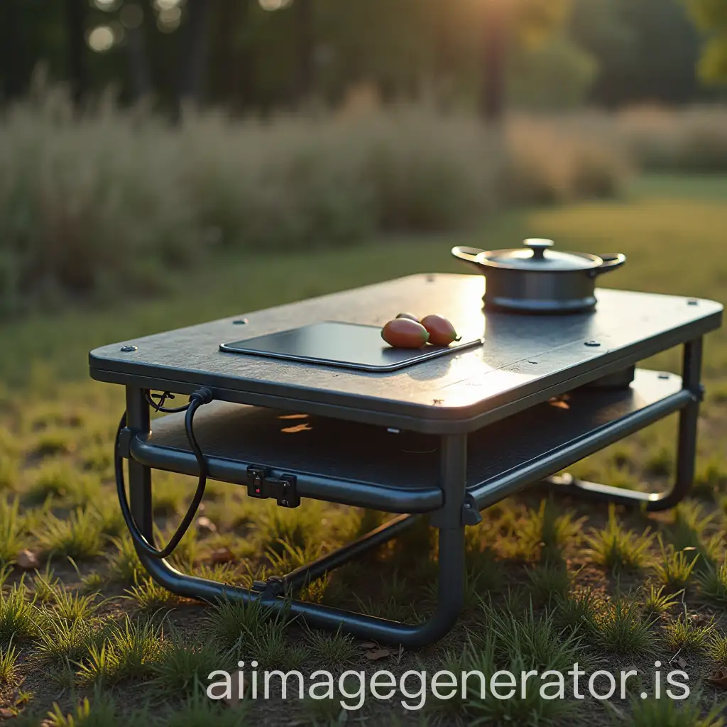 a portable camping table with a power bank for new energy cars and an induction cooker