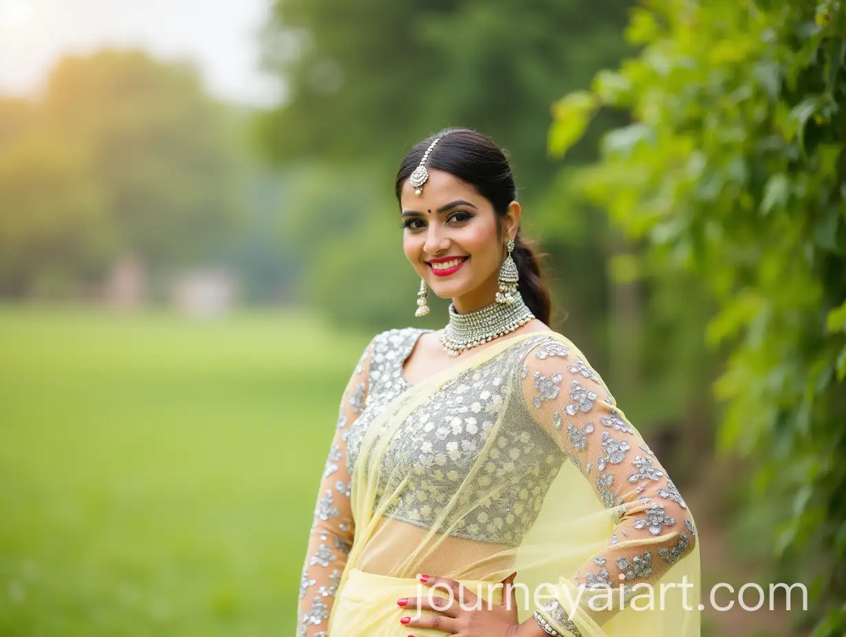 Indian-Beauty-Posing-in-Serene-Outdoor-Setting-with-Pale-Yellow-Saree