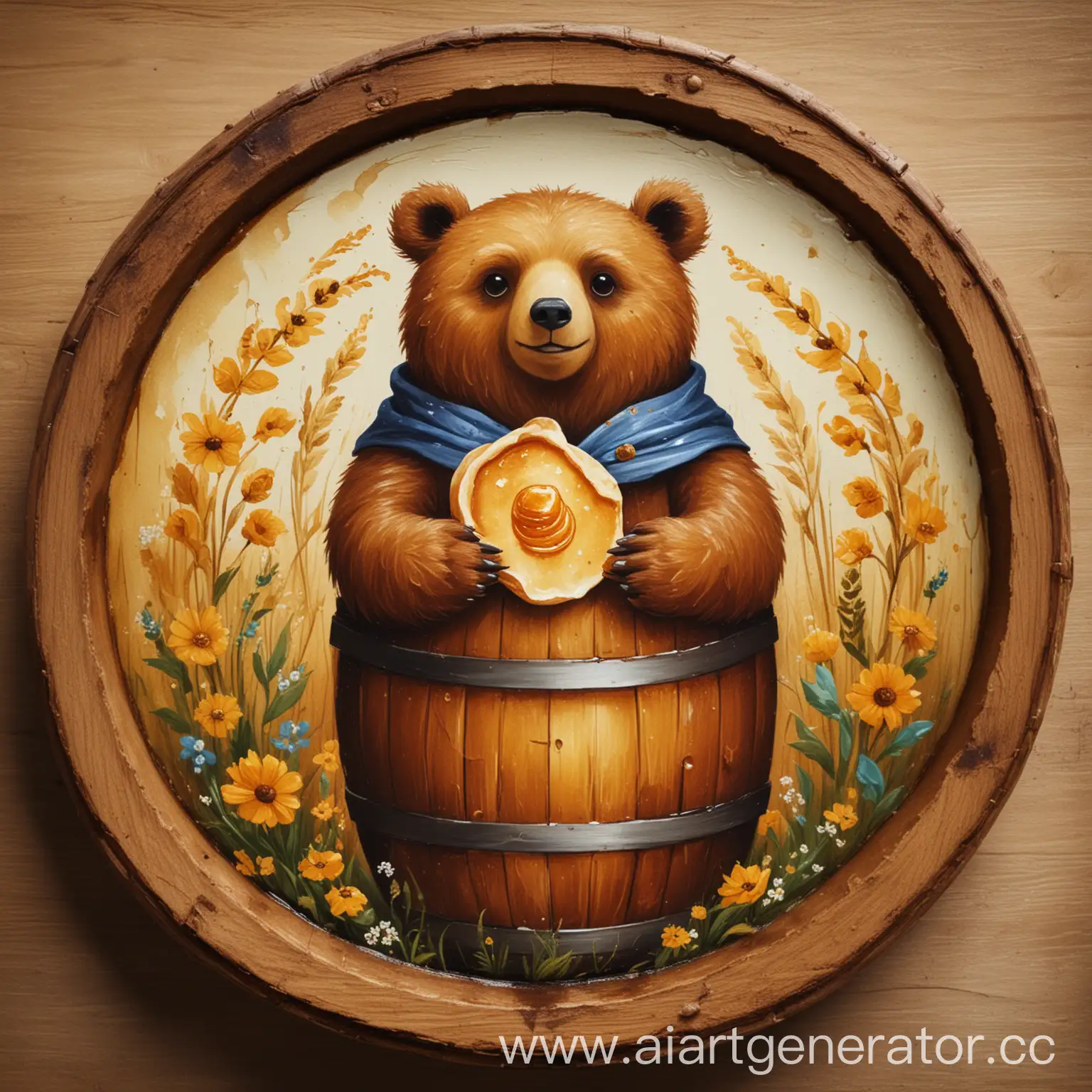 Bear-with-Honey-and-Pancakes-in-Barrel-Icon-Painting