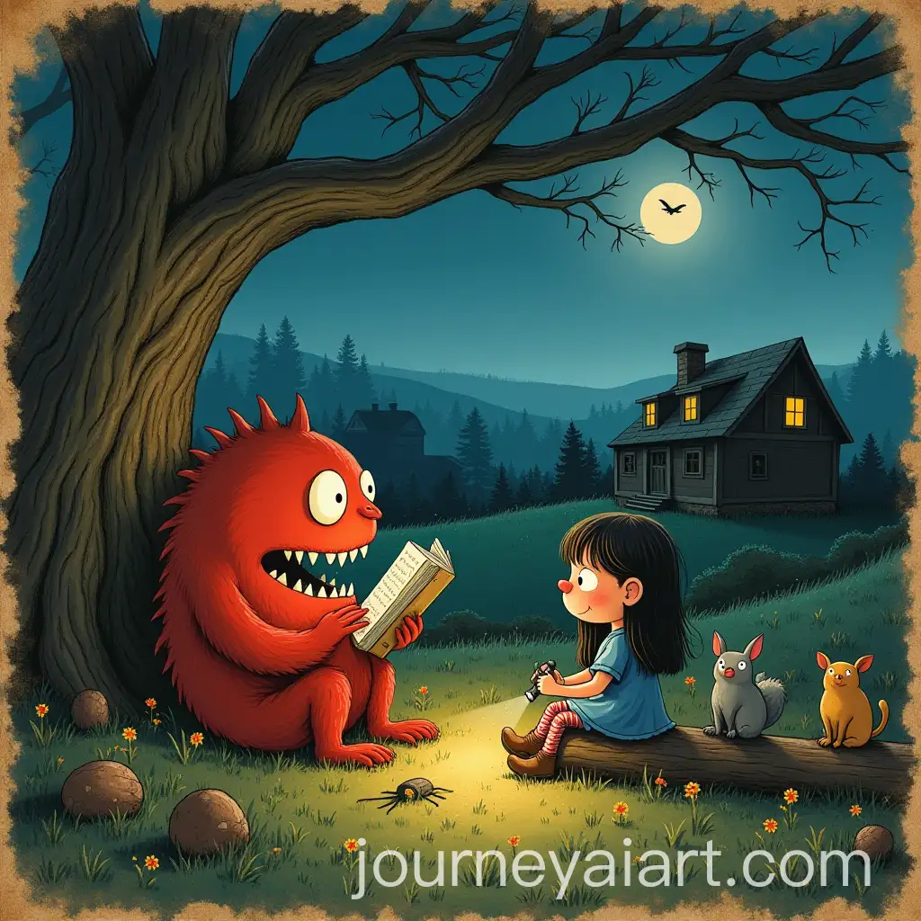 Nighttime-Countryside-Storytelling-with-a-Red-Monster-and-Forest-Creatures