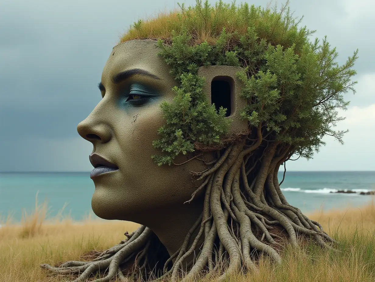 Face transformed into building with roots