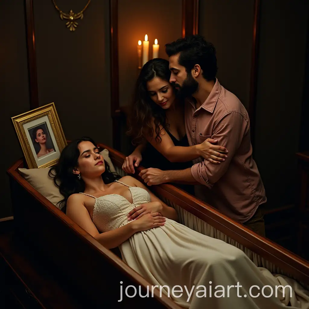 Grieving-Family-Around-Coffin-with-Photograph-on-Altar