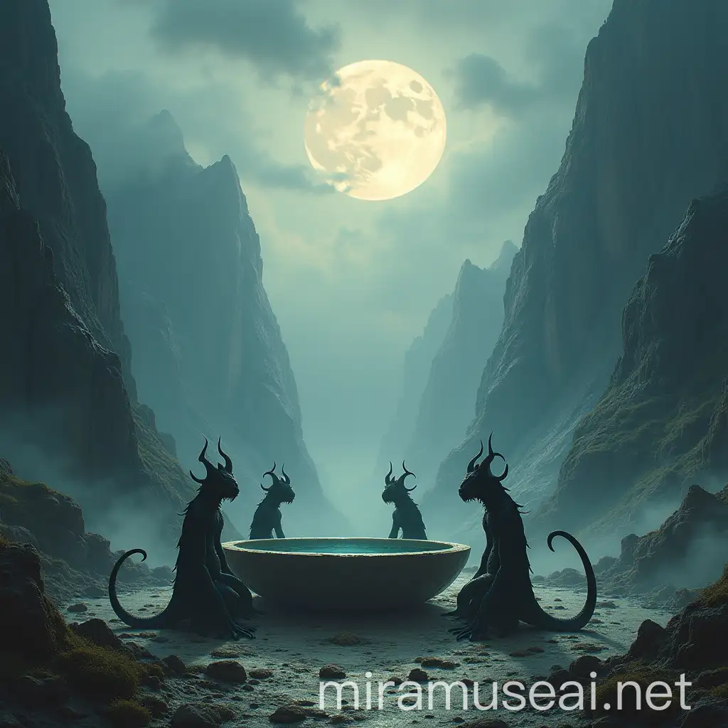 Mystical Mountain Scene with Tentacled Monsters