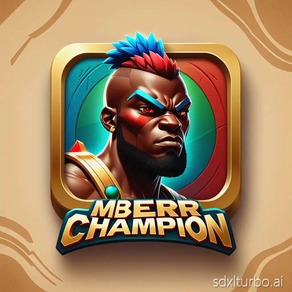 2D stylized game app icon for "Mbër Champion", minimalist design, bold African-inspired typography "Mbër", sandy textured background with glowing colors (gold, red, green, blue), square format, high readability at small size, clean and modern fighting game style