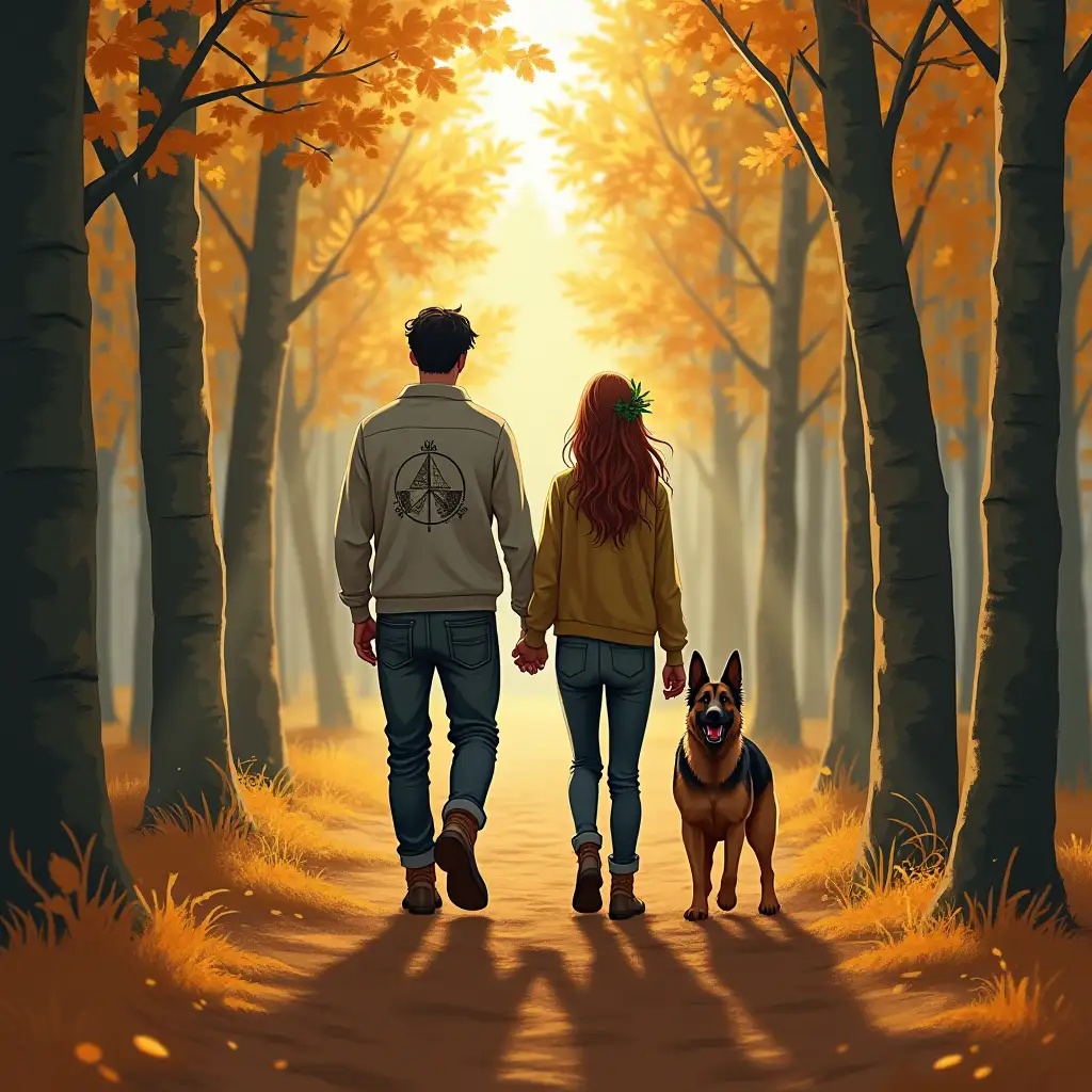 A forest of beeches in the fall, with light filtering through the trees, with a couple walking hand in hand backwards. She has long hair with a leafy ribbon, he is taller, with very short hair. He wears on the shirt a drawing of a mountain with a compass rose. Both wear mountain boots. At their side accompanies a semi-transparent German shepherd (as if it were a ghost).