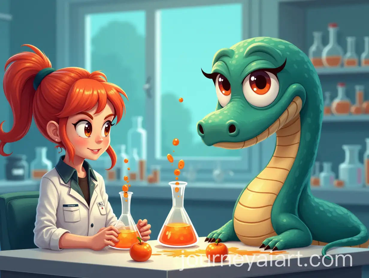 Cheerful-Turquoise-Snake-and-RedHaired-Girl-Assistant-in-Modern-Chemical-Lab-with-Mandarins