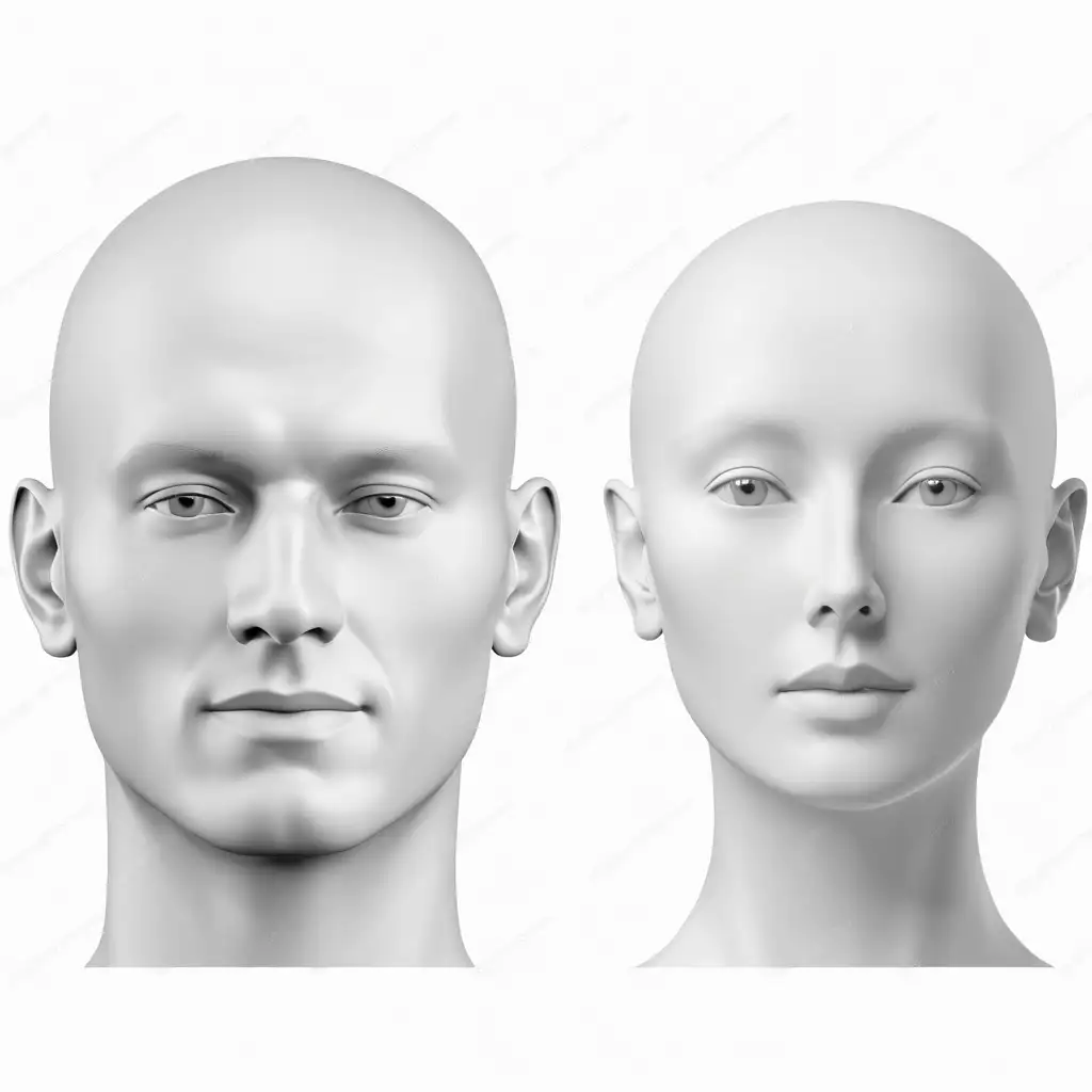 Man and Woman 3D Human Head Models in Grey Color on White Background