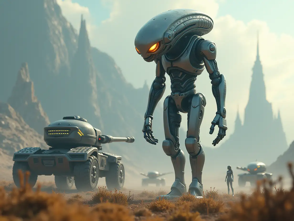 Create AI fantasy with a high-resolution, realistic image of Robert, 40 meters tall, and an alien, with battle robots and cell tanks on the alien on Pandora 4k resolution