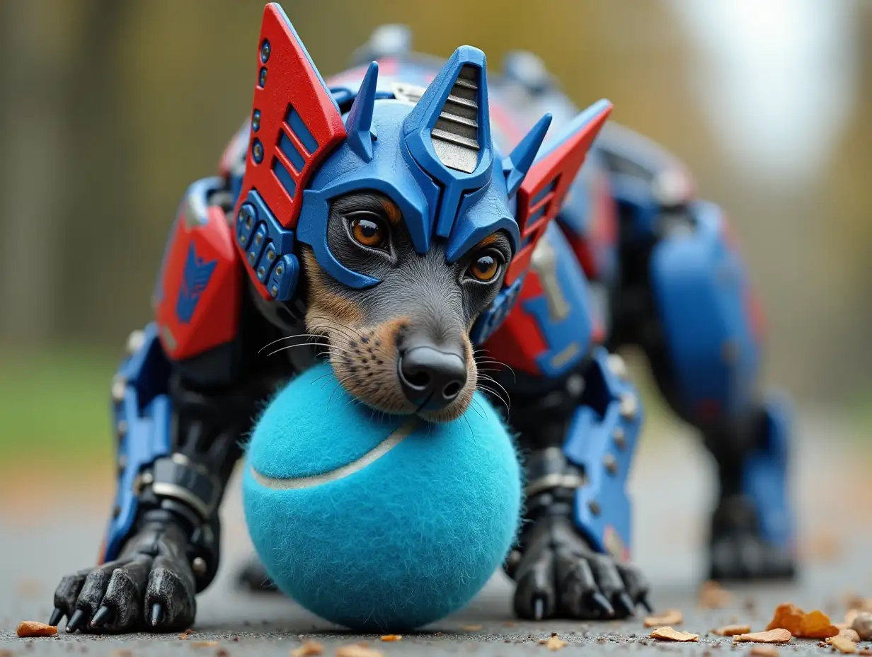 A dog shape of transformers trying to eat a blue tennis ball