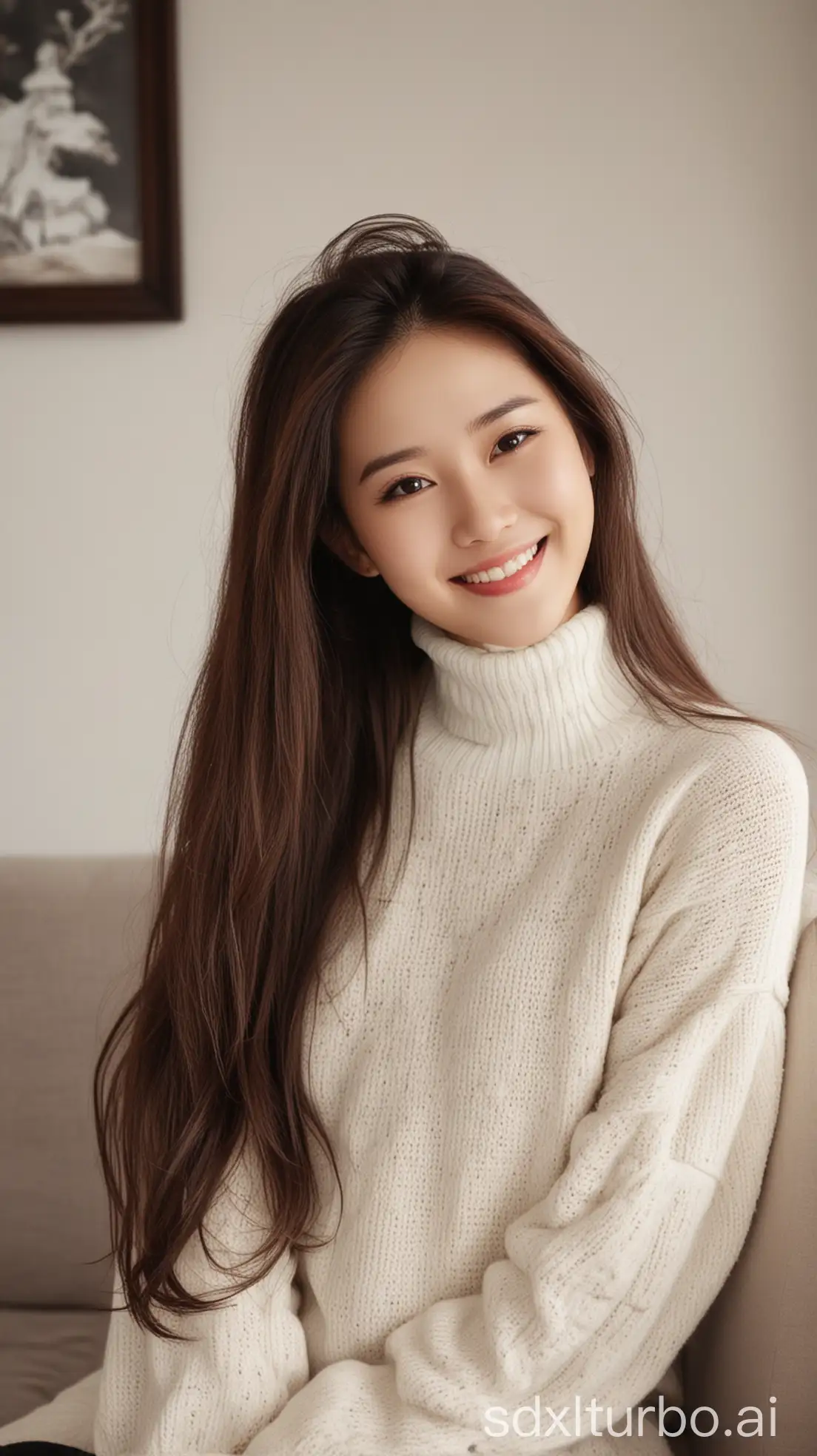 Chinese-Woman-with-Brown-Hair-in-a-Winter-Living-Room-Wearing-a-HighNeck-Sweater