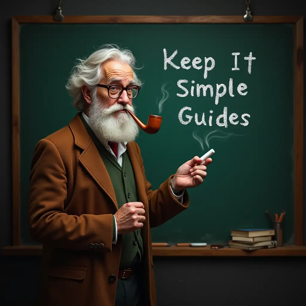 Intelligent Older Professor Smoking Pipe with Chalkboard Keep It Simple Guides