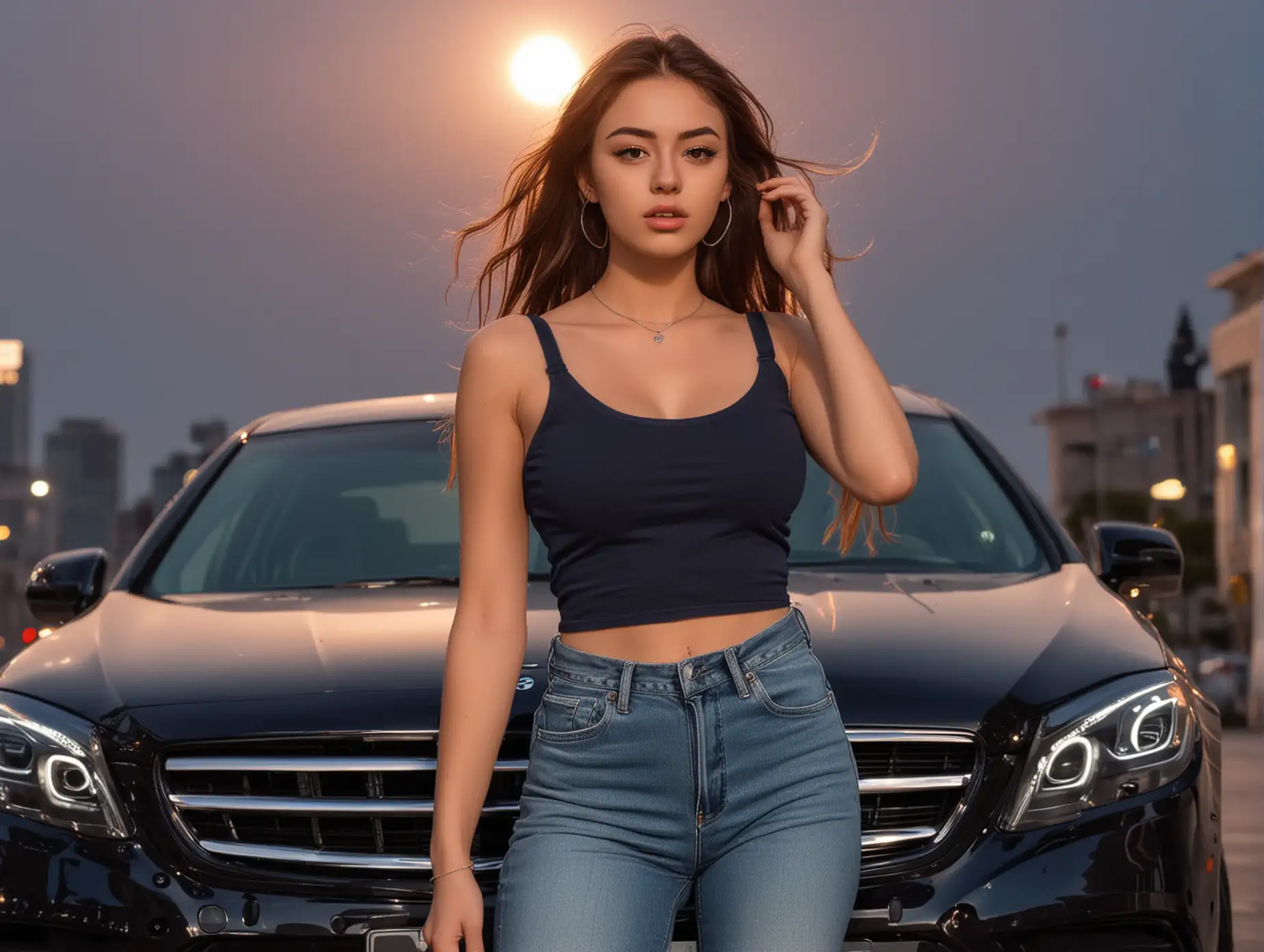 TikTok cute girl wearing dark blue jeans and a black tank top. In the night, the sun has just set, the sky is reddish. A black Mercedes Benz business sedan in the city. And in front of him, the girl is looking to the side, her hair is blowing in the wind. He is disappointed.