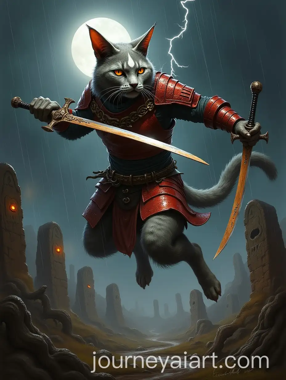 Tabaxi-Warrior-Leaping-into-Battle-with-Curved-Blades-on-Haunted-Battlefield