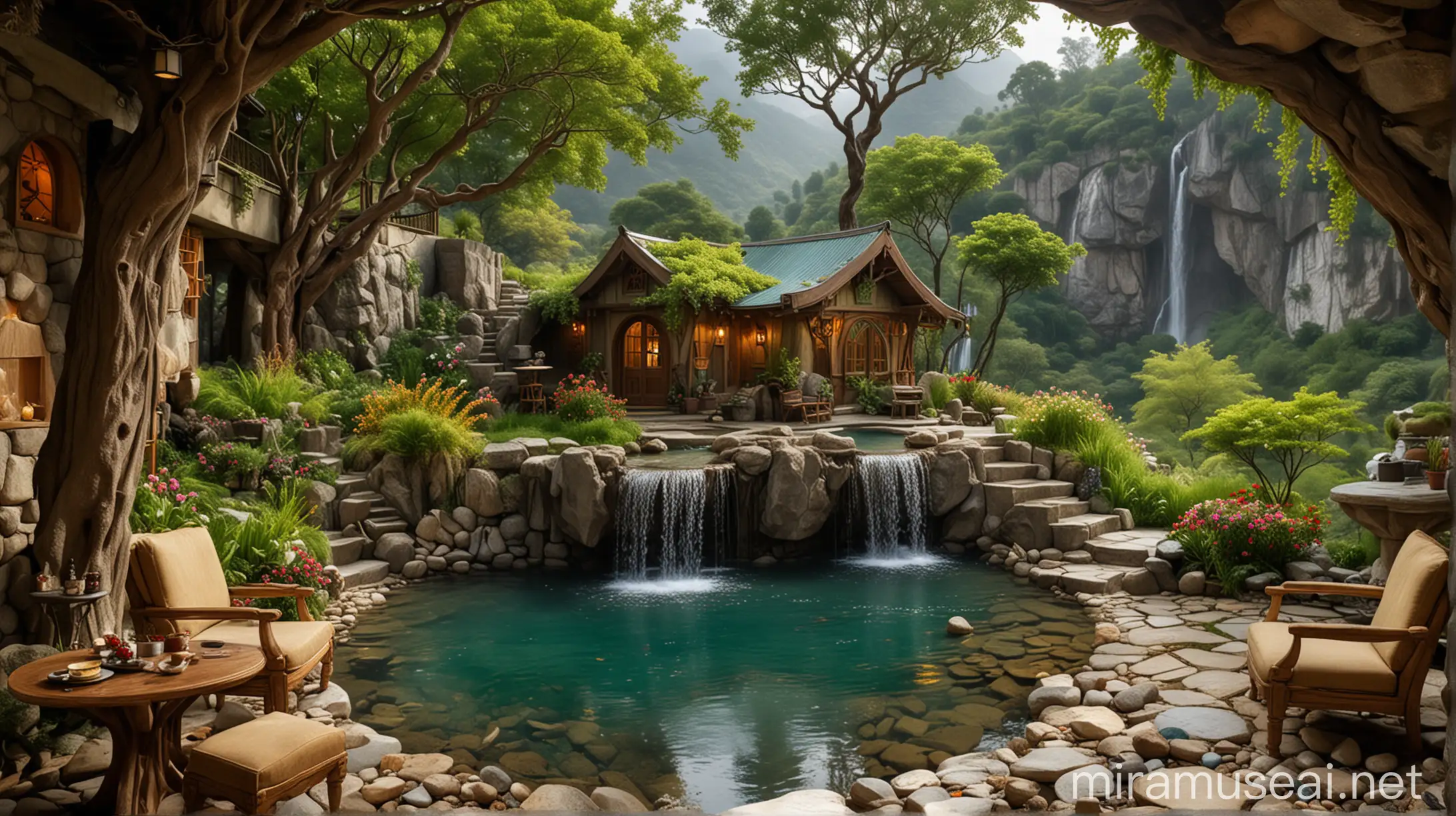 Moonlit Waterfall Cottage with Emerald Waters and Mountain Views