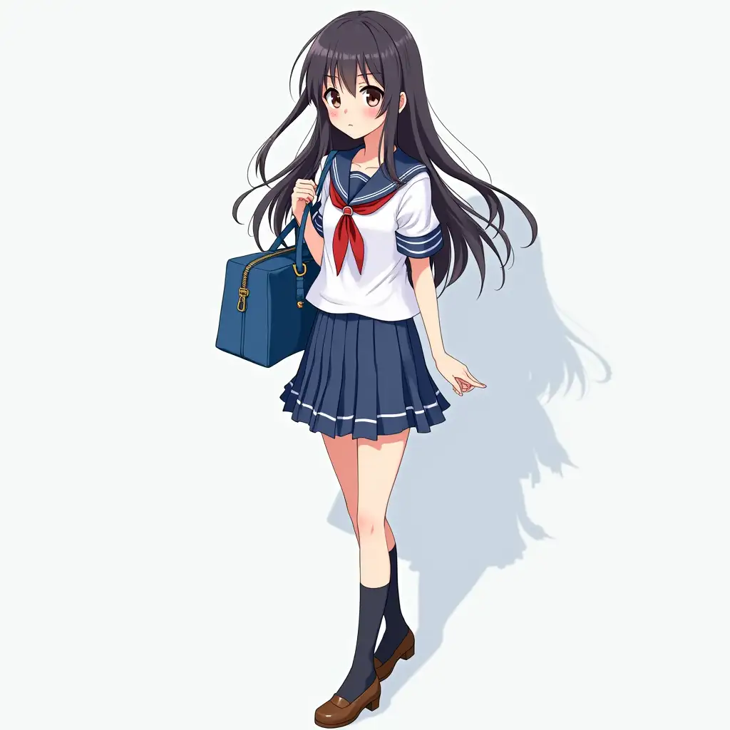 A Japanese girl with long hair in Japanese High school sailor uniform with blue duffle bag with high heels anime