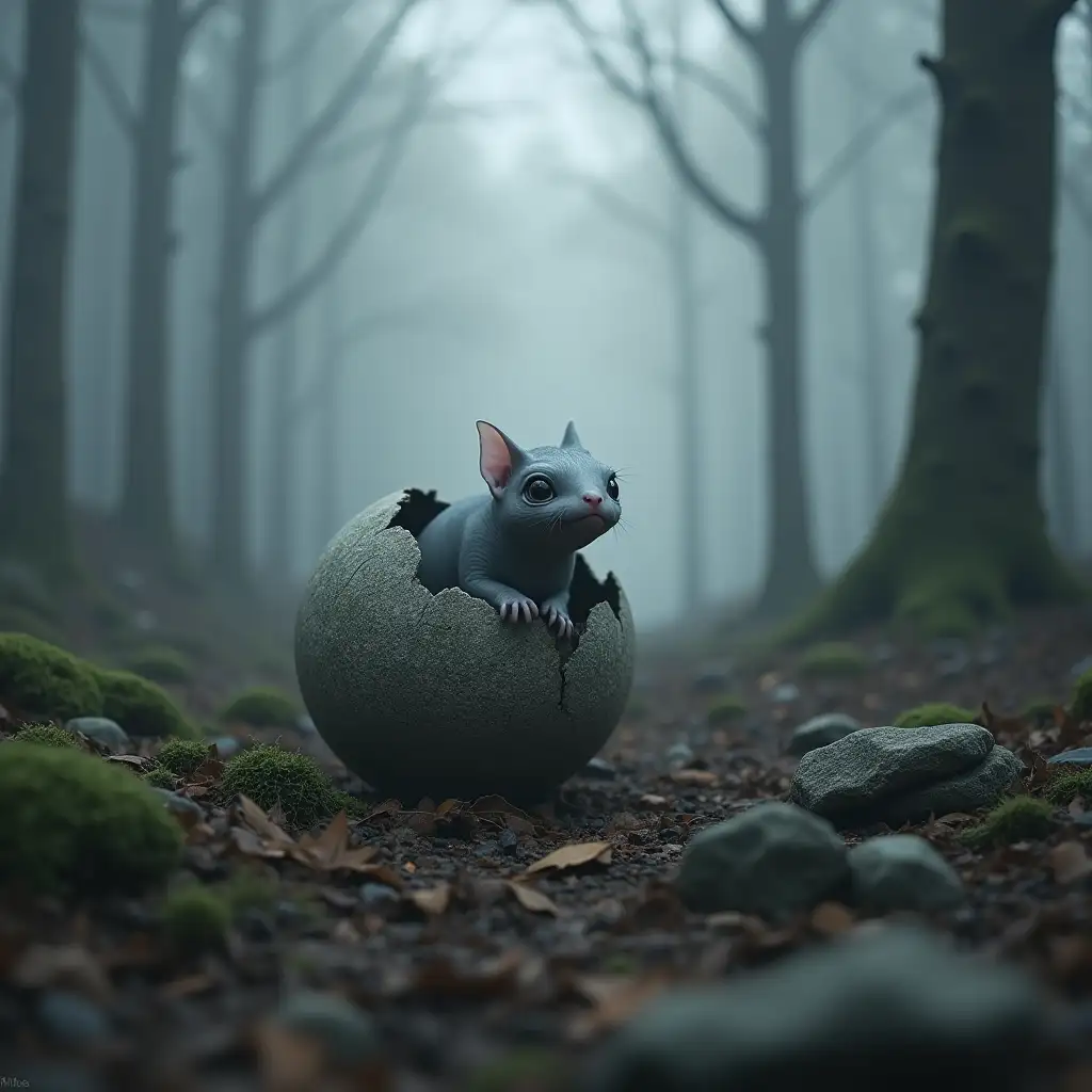 Title: The Awakening of LightnScene 1 – Born in the FognLocation: Foggy Forest / Grey WastelandnDescription: A small, lumpy creature - grey, dull, almost transparent - crawls out of a cracked stone egg. It looks curiously, but shyly at the world. Everything around it is shades of grey. No bird song, just wind.nSound: Soft rustling. No music.nFeeling: Loneliness, Curiosity