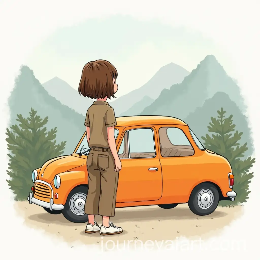 Girl-with-Brown-Hair-in-Mountain-Landscape-with-Orange-Mini-Cooper-Car