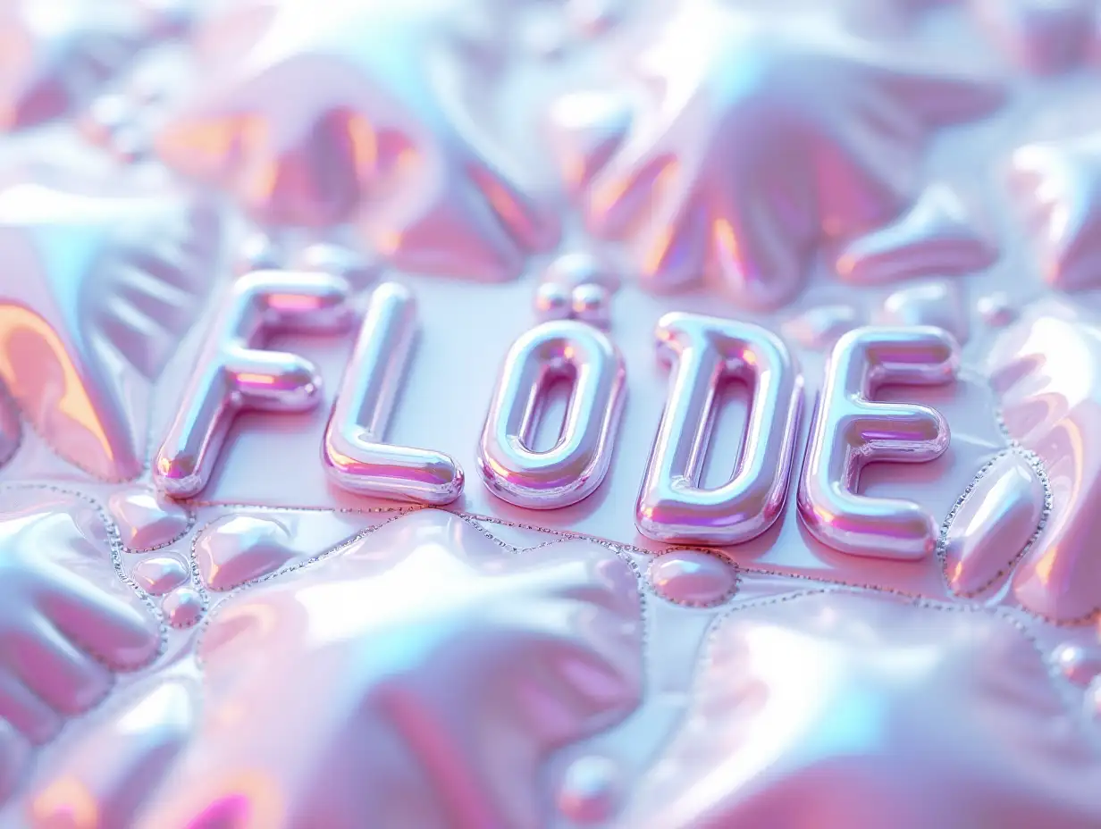 wavy generative image of inflated textile with alot of clear inward-pointing cross seams. Centered is the text: FLÖDE in bold clear letters, high-definition, The letters are flat against the surface, with the inflated textile risen all around it.  The textile features are iridescent chrome foil vaporwave texture with a pastel refraction effect, low-saturation, low-key lighting