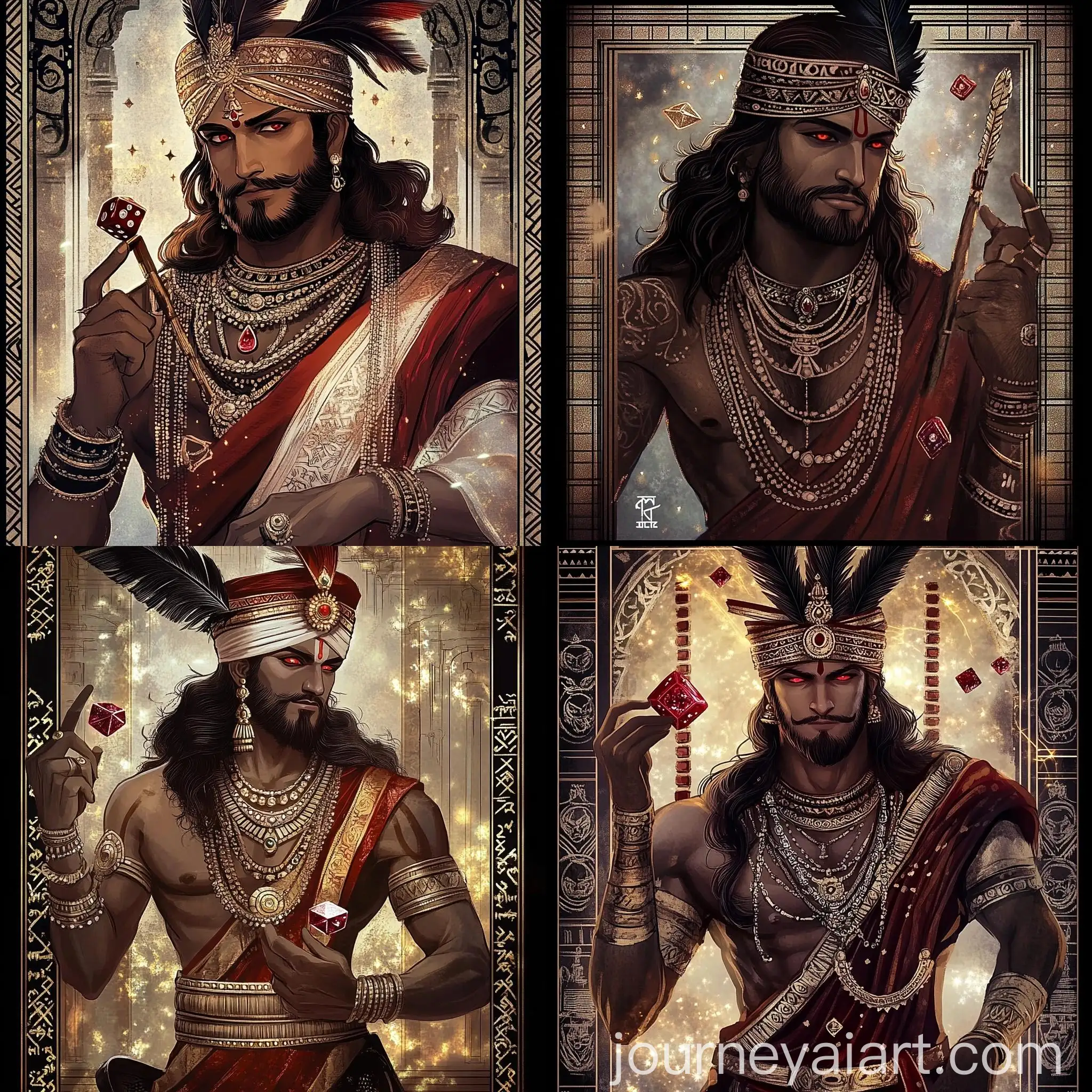 Mischievous-Hindu-Mage-in-Red-and-Gold-Armor-with-Magic-Spark-Background