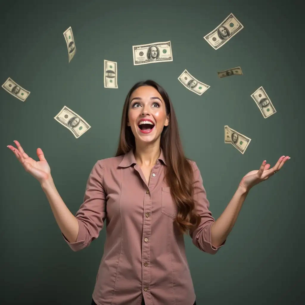 A person tossing money in the air, looking excited.