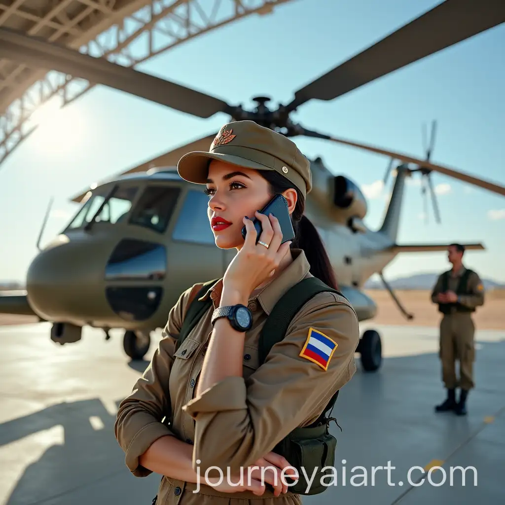 Russian-Military-Pilot-with-Smartphone-BesAI-Art-Prompt-Expansionide-Mil-Mi24-Hind-Helicopter-in-Aviation-Hangar