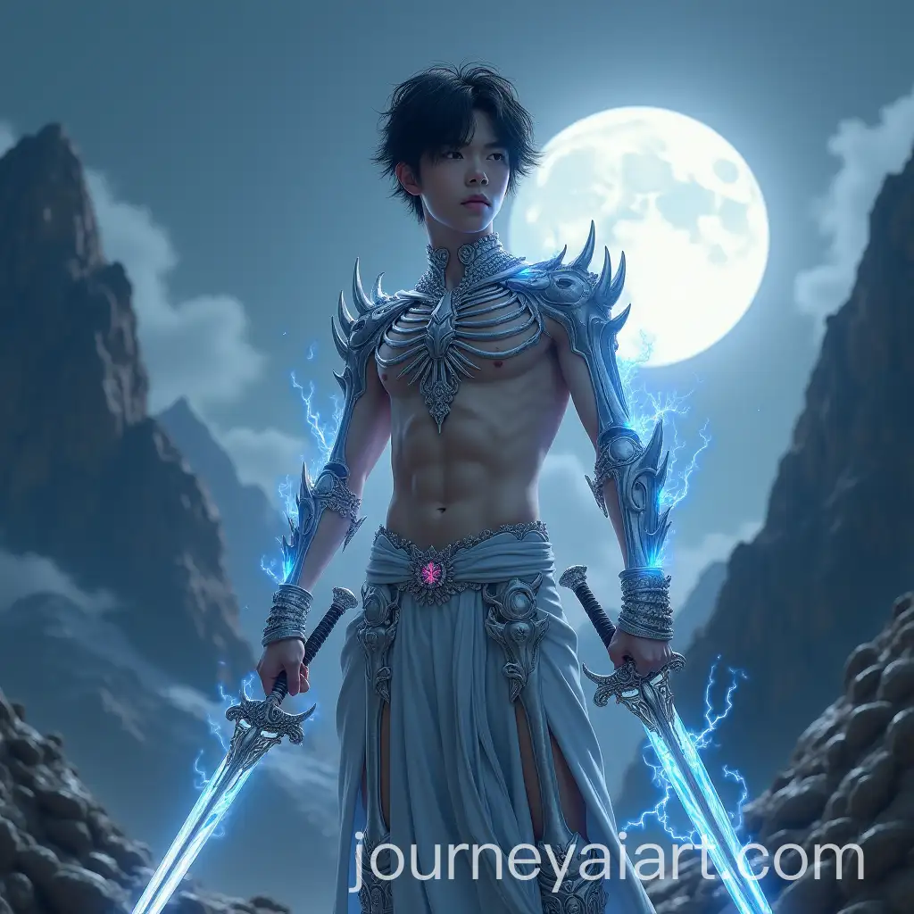 Asian-Youth-Warrior-in-Silver-Bone-Armor-under-Lunar-Eclipse