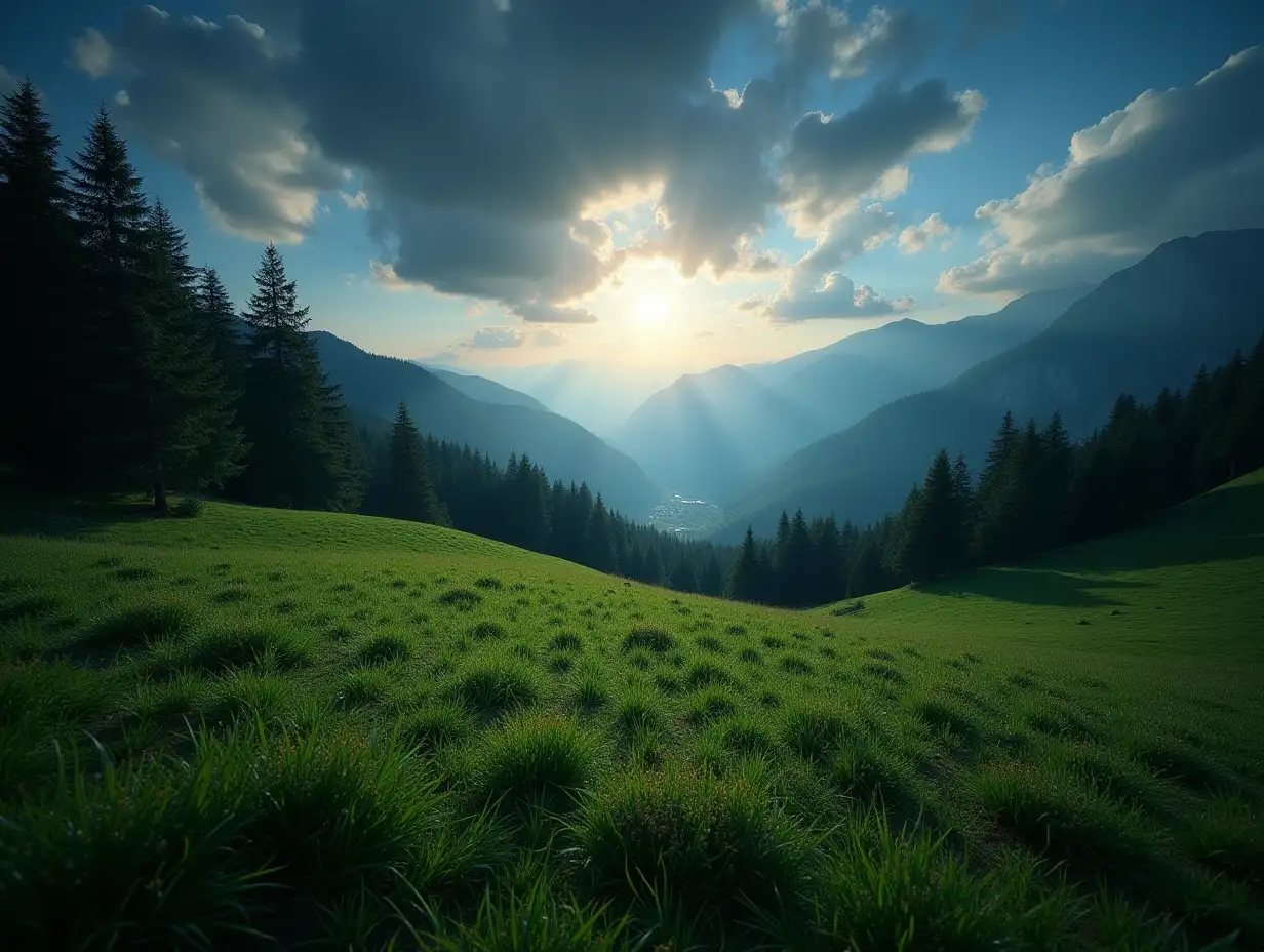 day and night time change concept of carpathians. coniferous forest on the grassy hill. landscape of carpathian alps with fresh green meadows. natural summer scenery with sun and moon on the sky