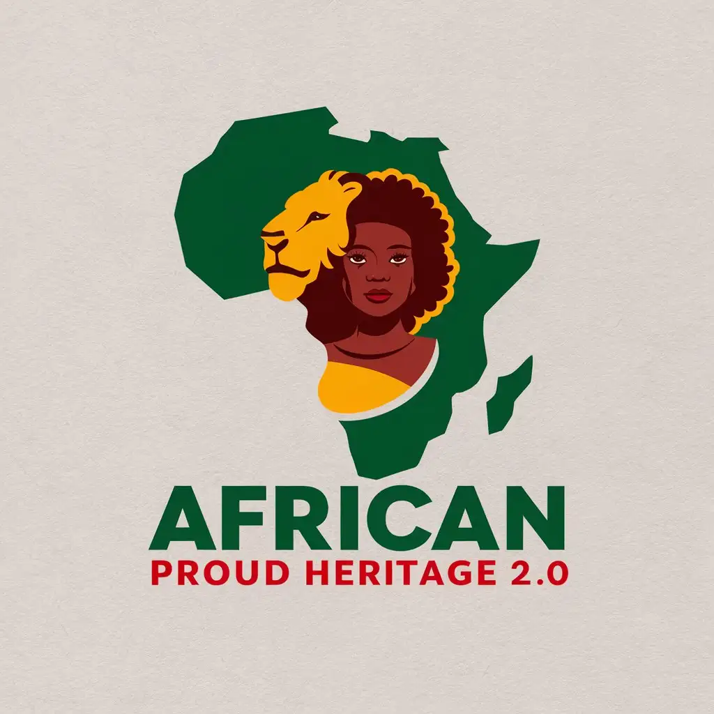 LOGO Design for African Proud Heritage 20 Green Background with African Map Lion Head Afro Girl and Cultural Colors