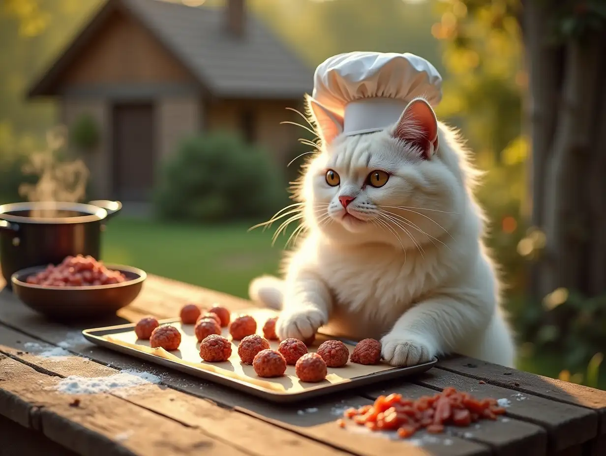 a very large funny creature anthropomorphic white cat, still wearing its chef’s hat, is carefully shaping meatballs with its paws. The rustic wooden table is lined with an even row of small, perfectly round meatballs on a parchment-lined tray. The cat’s fur appears slightly fluffed from its focused work. Beside the tray are a bowl of meat mixture, a small pile of flour for dusting, and a damp cloth. The golden sunlight creates soft shadows on the table, while the lush greenery and rustic cottages add depth to the background. Steam rises faintly from a nearby pot of boiling water, ready to cook the meatballs.