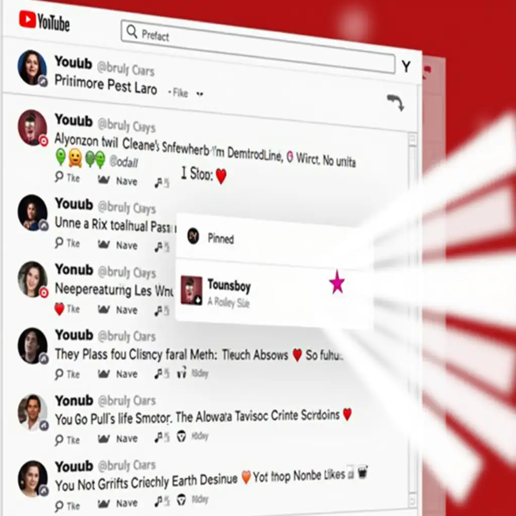 A dynamic YouTube comment section filled with engagement. Comments with hearts and likes appear, showing active interaction. A ‘Pinned’ badge is visible on a top comment, while new subscriber alerts pop up on the screen. The background has a subtle red and white YouTube-themed glow. The overall feel is energetic and fast-paced, capturing the excitement of a viral video gaining traction.