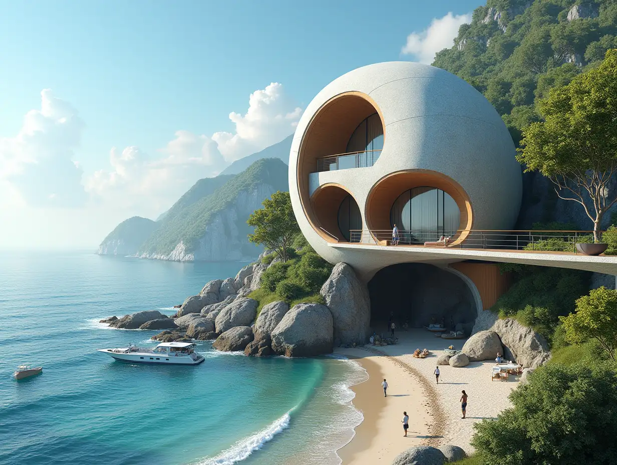 Create a high-resolution, realistic panorama image of a futuristic terrace building with snail house windows with bridge, a yacht and a small boat beach with people, many plants and gray and brown facades with sea with waves, big trees, blue sky