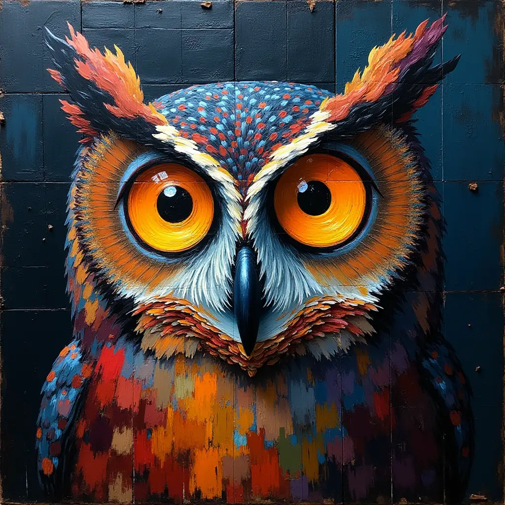 oil painting in a dark grid, rough brush, with the image of an owl with yellow eyes, in the style of Kandinsky and Malevich, more multi-colored details