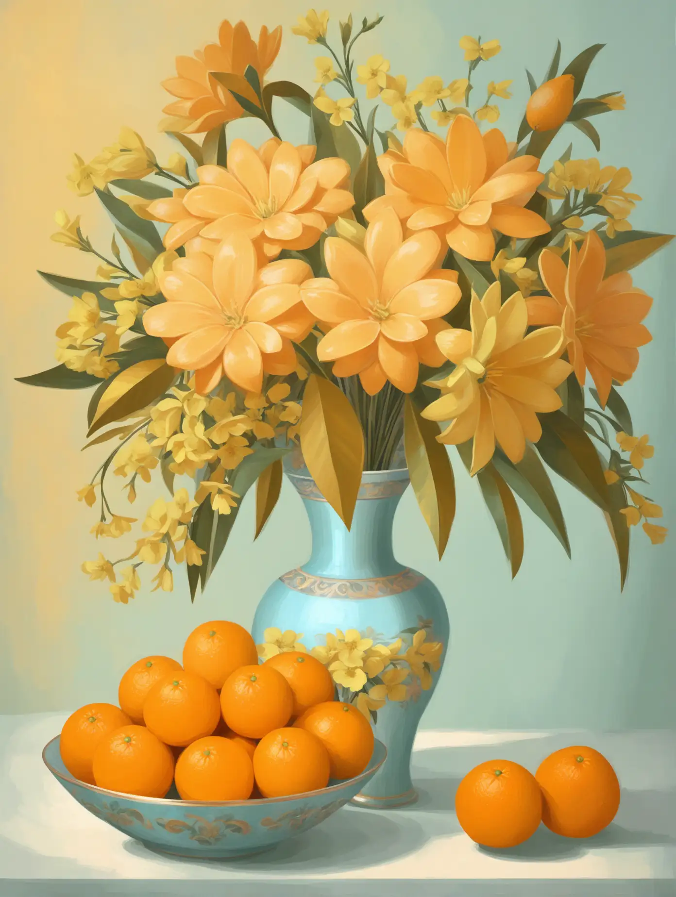 4-5 oranges in a bowl. A vase with yellow flowers nearby. Painting in the style of Pastel Illustration