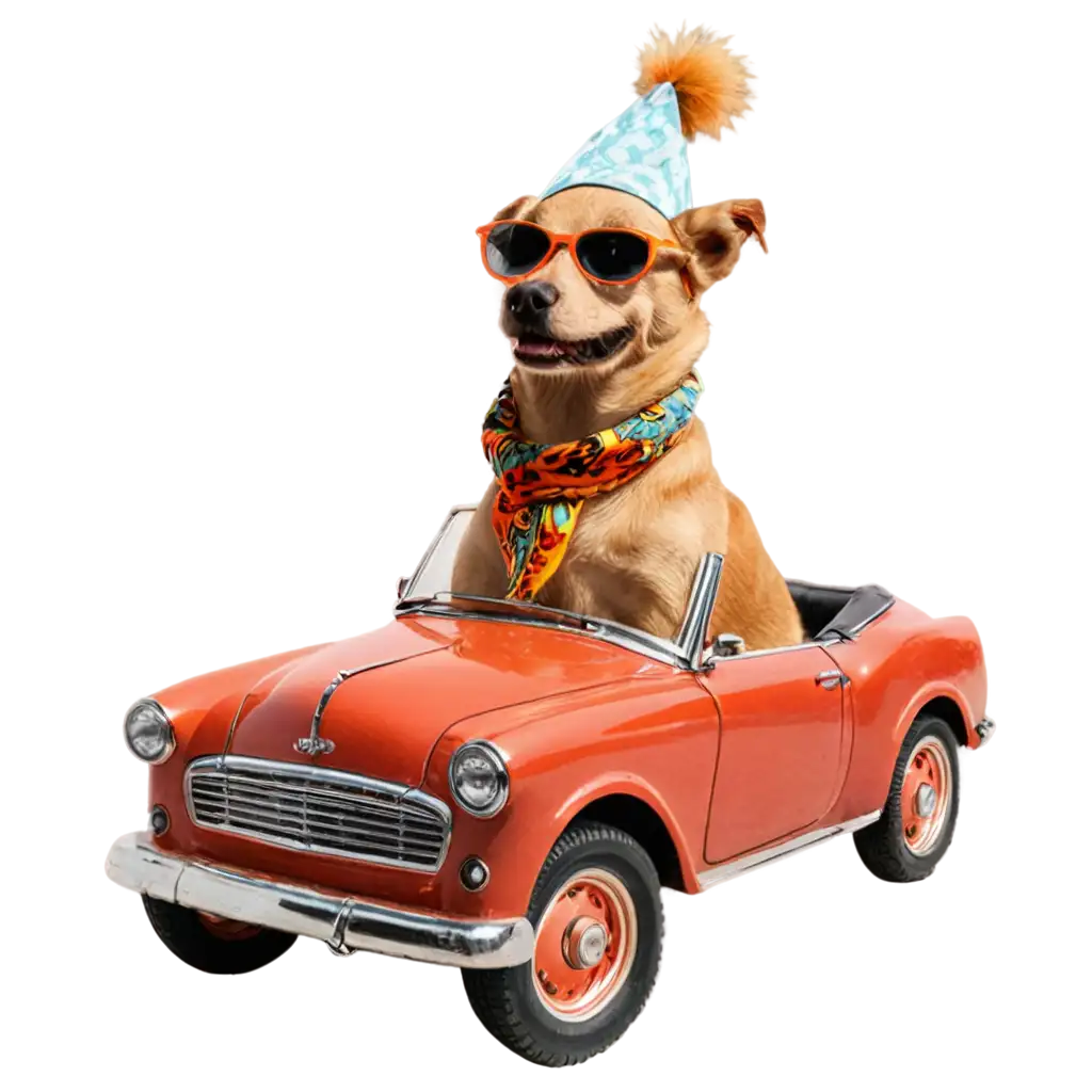 Create a funny scene with a dog driving a vintage car, wearing sunglasses and a scarf.