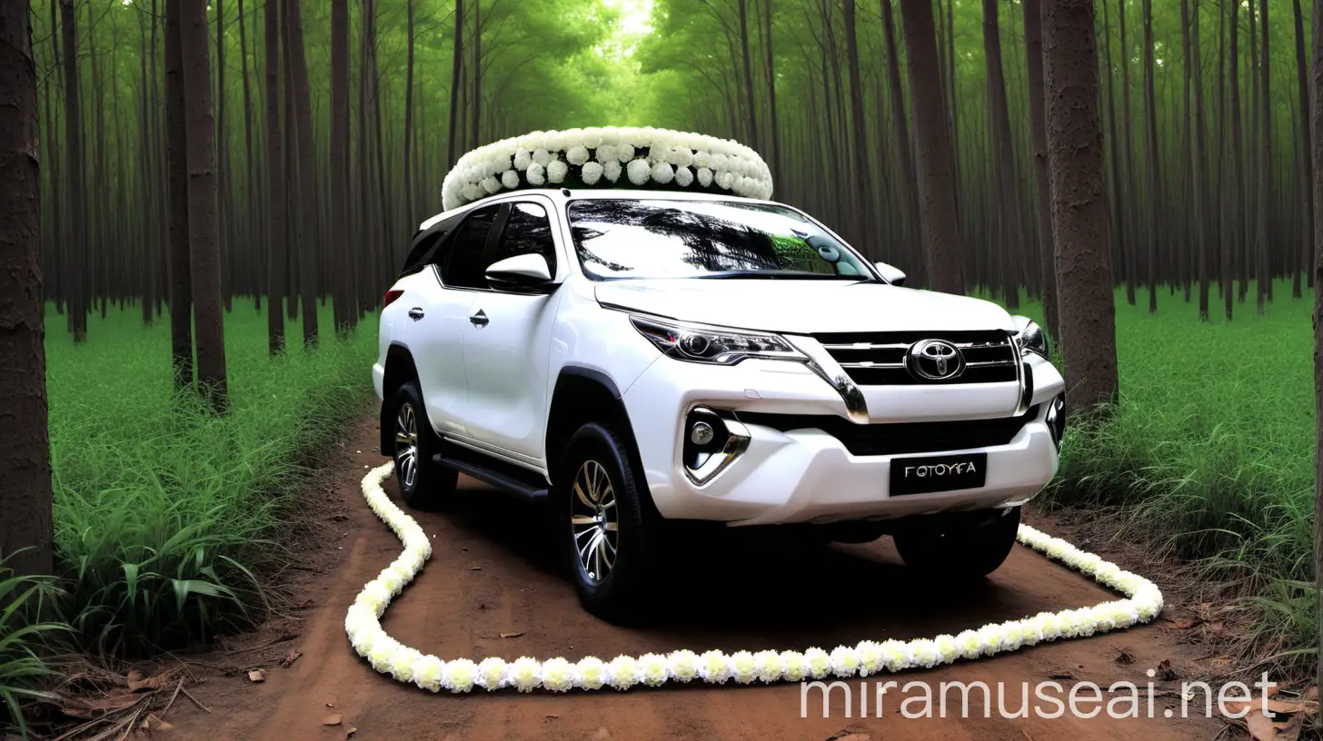 Forest Scene with White Toyota Fortuner Flower Garland and Bouquet